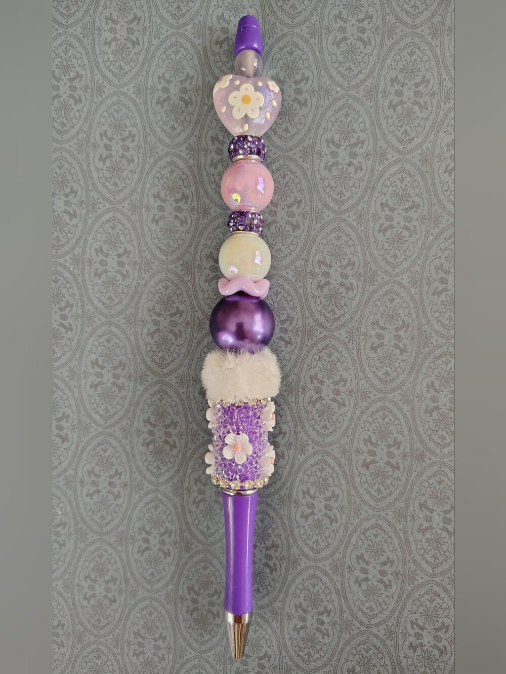 Purple Beaded Pen with Floral Accents